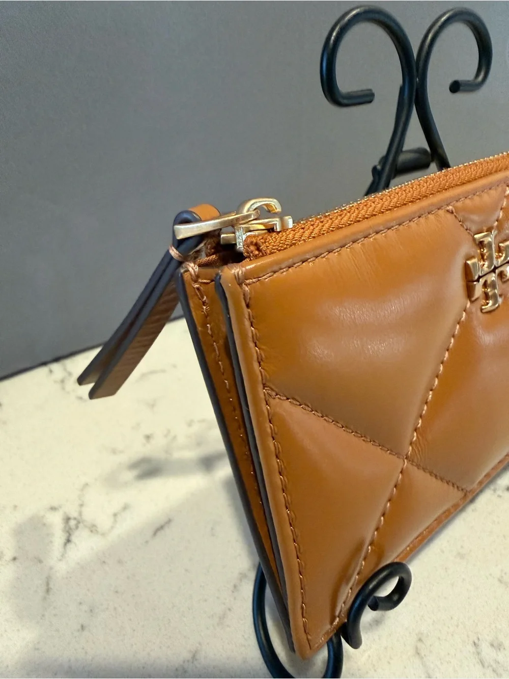 Tory Burch Caramel Quilted Leather Zip Card Holder with Gold Logo